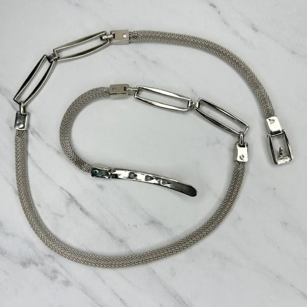 Silver Tone Metal Mesh Chain Belt Oval Bar Stations Buckle Large (L) ✨